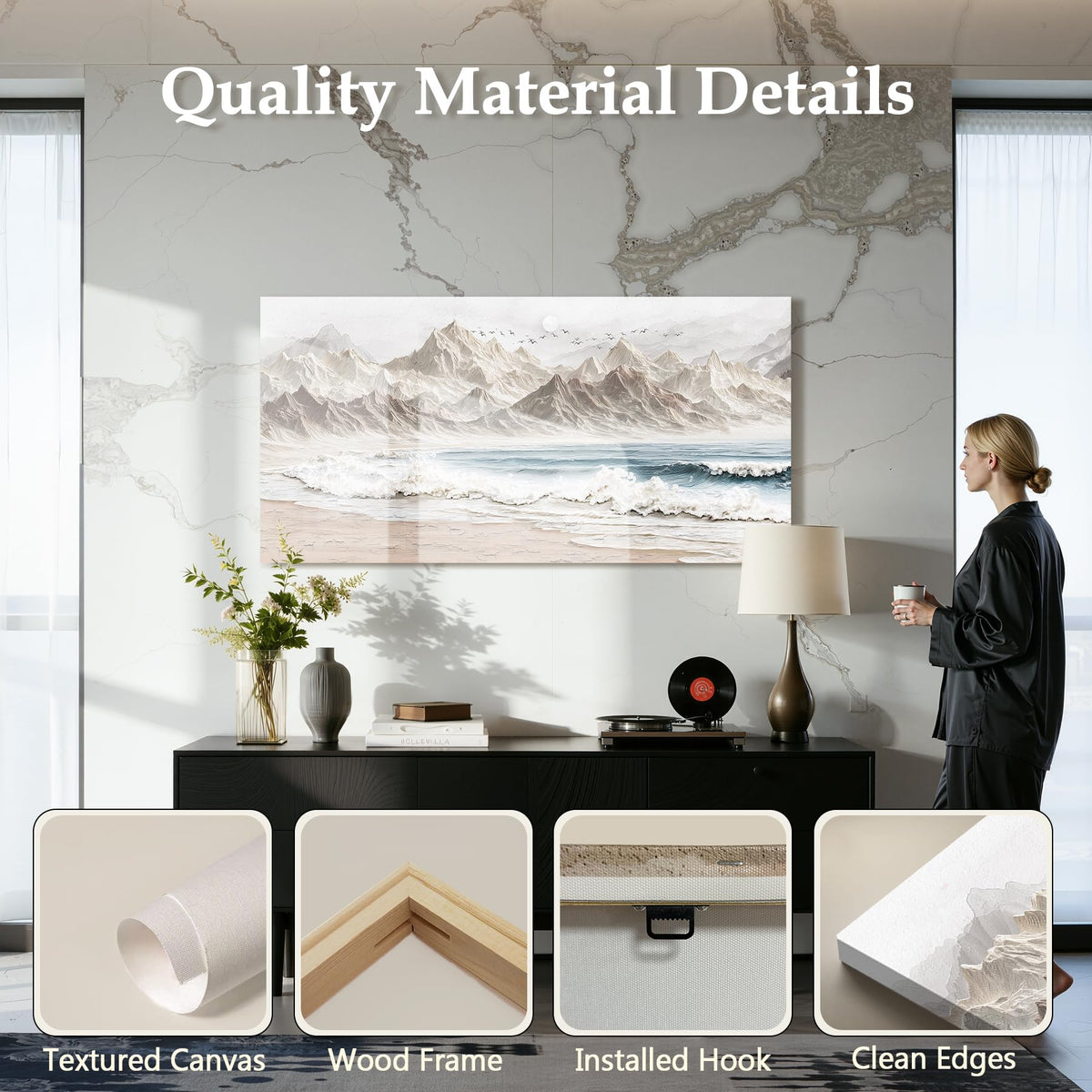 Neutral Mountain Beach Large Wall Art Nature Coastal Decor White (Neutral Beach Print / 48"L x 24"W)