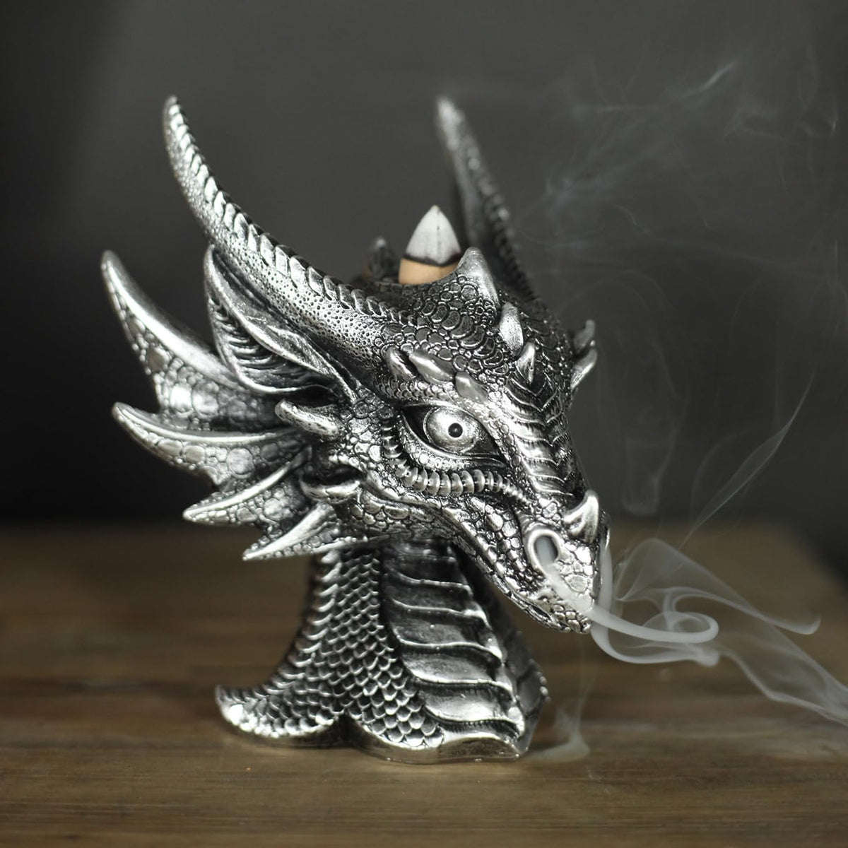 Breathing Dragon Head Figurine with Backflow Incense Burner (Silver)