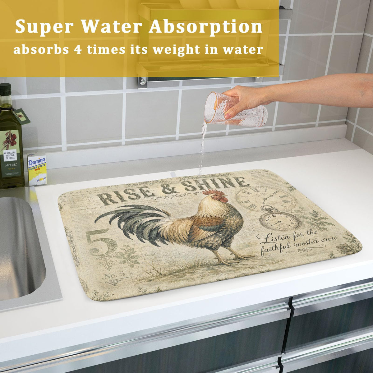 Farmhouse Rooster Dish Drying Mat 18 x 24 Inch with Hanging Loop High Absorbent Reversible Microfiber Dish Drying Pad Drainer Mat for Kitchen Counter Coffee Bar (Rooster / 18" x 24")