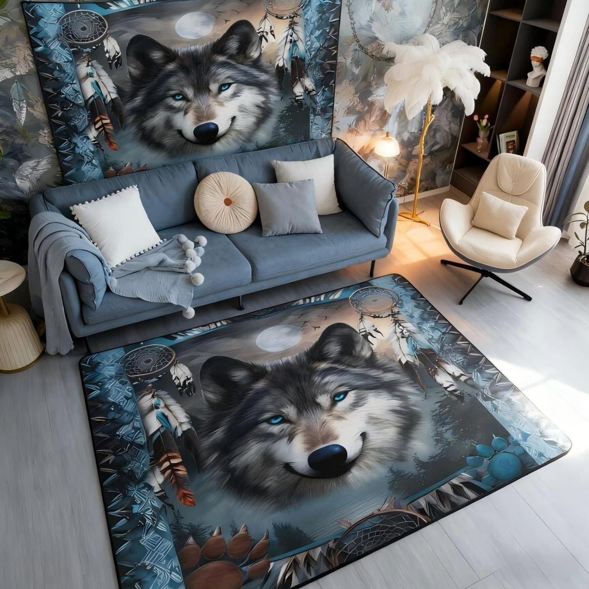 Western Wolf Large Area Rug 5x7 Bohemian Dream Catchers Living Room Rug (Grey Blue / 4'11" x 6'6" (Rectangular))