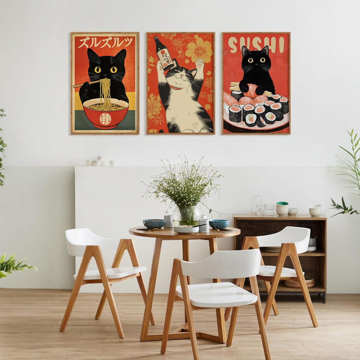 Japanese Cat Wall Art Set of 3 Black Cat Eating Ramen Canvas Posters Cute Cat Kitchen Decor for Dining Room Funny Noodle Shop Wall Art Vintage Japanese Print 16x24 Inch Unframed (24L" x 16W" Unframed / Sushi Cat)