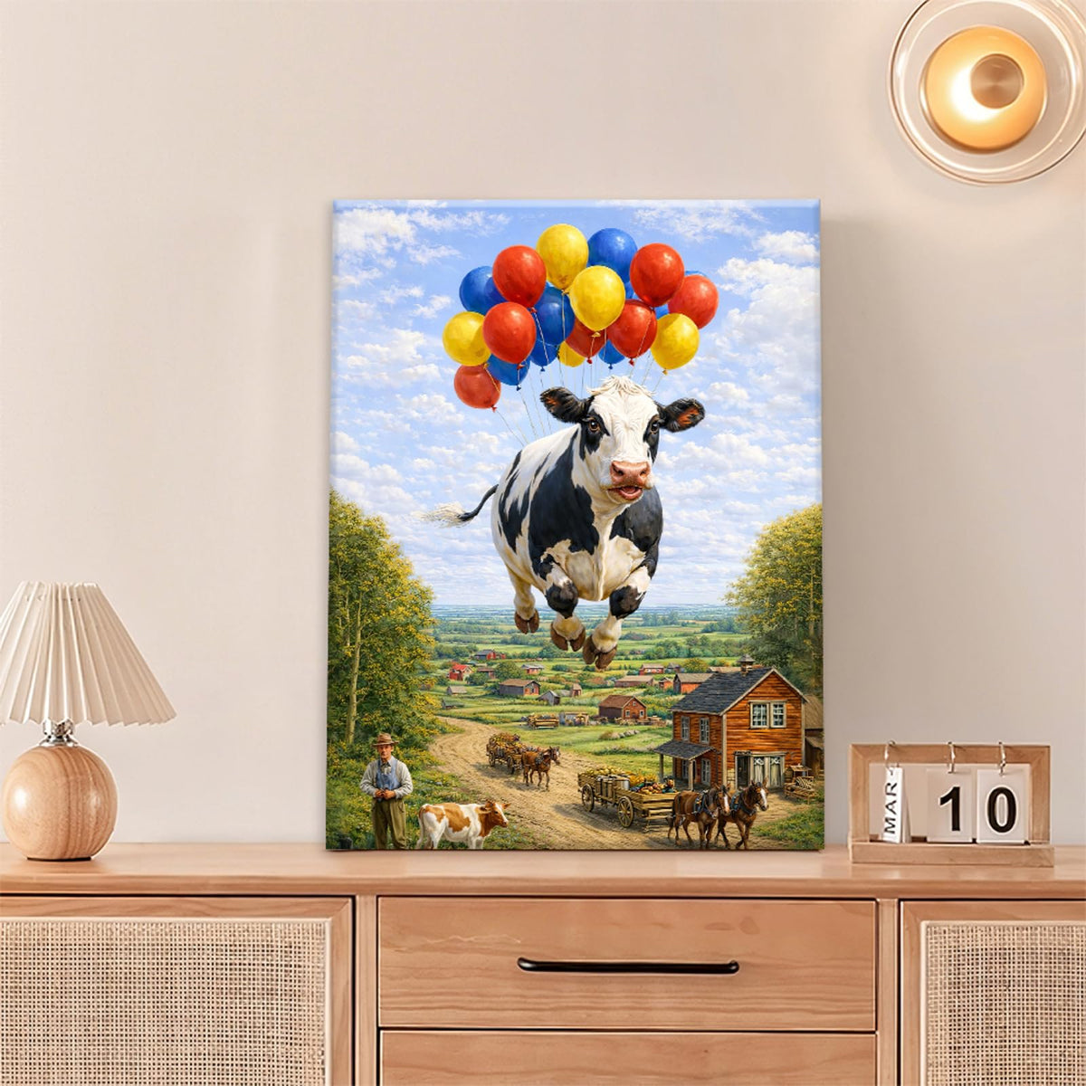 Farmhouse Dairy Cow Wall Art Funny Cow Wall Decor Farm Painting Balloon Canvas Pictures for Kitchen Dining Room Living Room 16"x20" (Balloon Cow / 20"L x 16"W)