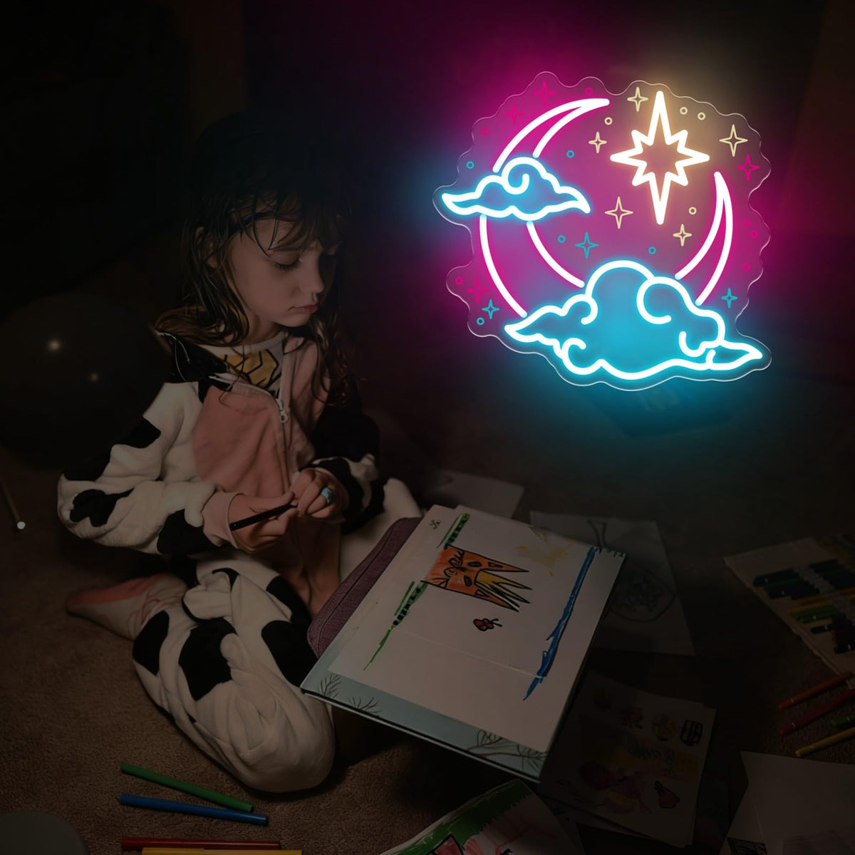 Crescent Moon Cloud Star Neon Sign for Bedroom Nursery (Moon Cloud Star)