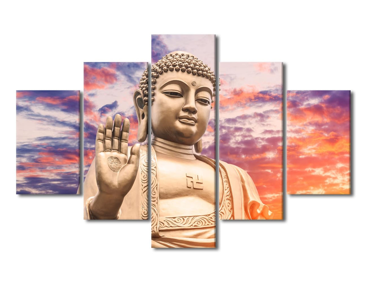 5 Panel Canvas Wall Art Buddha Zen Wall Art Decor Sunset Buddha Statue Poster Prints on Canvas Buddhist Believers Home Wall Decor for Room Decoration Stretched and Framed Ready to Hang 60x40 in (60x40 in / 5PANEL-06)