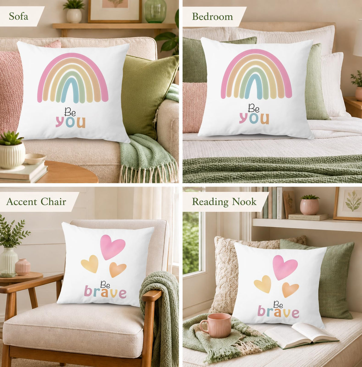 Boho Rainbow Heat Nursery Classroom Throw Pillow Covers 18x18 Set of 2 (Qt-bz-mental Health-boho Rainbow)