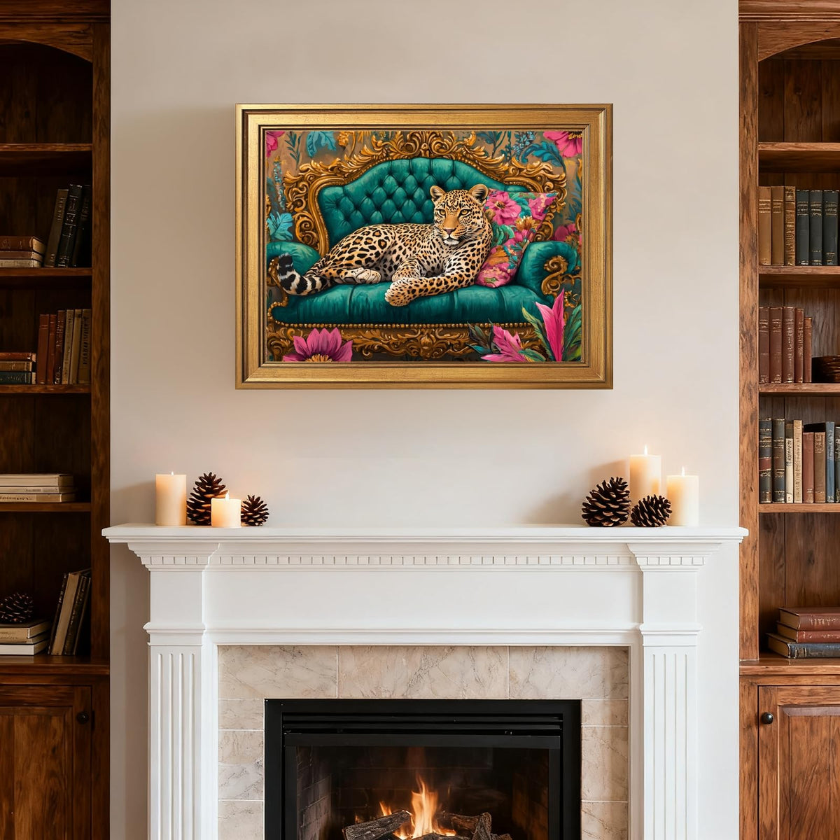 Framed Cheetah Lying on Ornate Sofa Wall Art Canvas Print Colorful Maximalist Leopard Painting Artwork Eclectic Boho Wild Animal Poster Jungle Picture Decor for Bedroom Living Room 12x16inch Gold (12"L x 16"W / Style-5 Retro Gold Frame)
