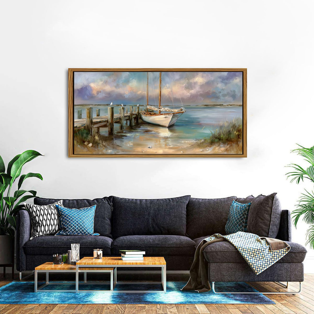 Abstract Ocean Framed Wall Art Coastal Room Decor Rustic Beach Rowboat Landscape Picture Canvas Prints for Living Room Cottagecore Decor Seaside Poster Sea View Painting Artwork Home Decoration 30x57.8" (30"L x 57.8"W / Boat)