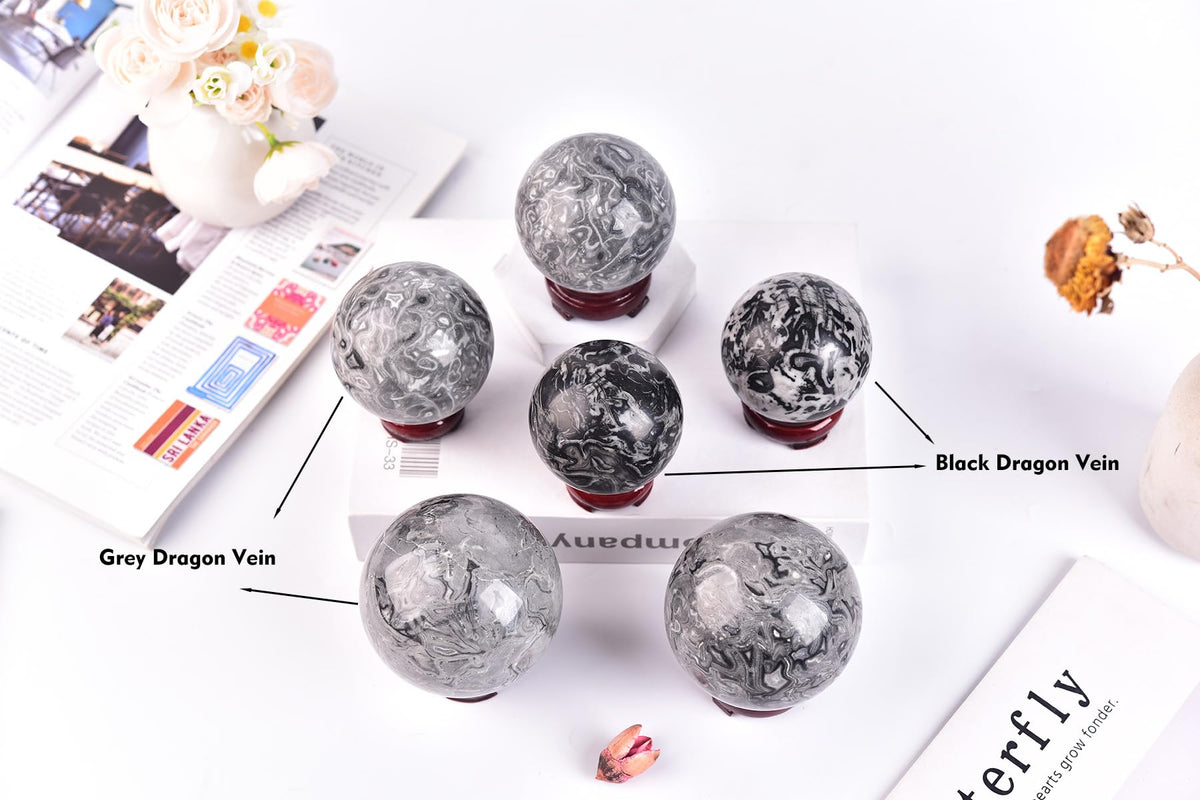 Crystal Sphere Dragon Vein Rugged Orb for Office Workspace (Black Dragon Vein / 2.4-2.8 IN)