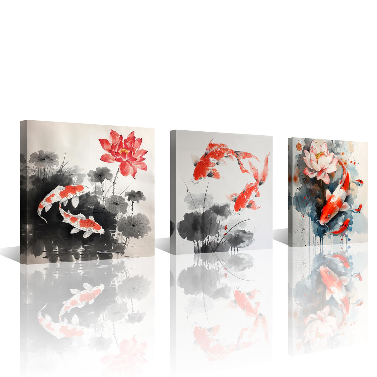 3PCS Traditional Koi Fish and Lotus Flower Canvas Wall Art Asian Ink Style Red and White Carp Feng Shui Water Scene Oriental Zen Artwork for Bedroom Living Room Meditation Office Wall Decor (Koi Fish / 20x20 inches (3 pieces))