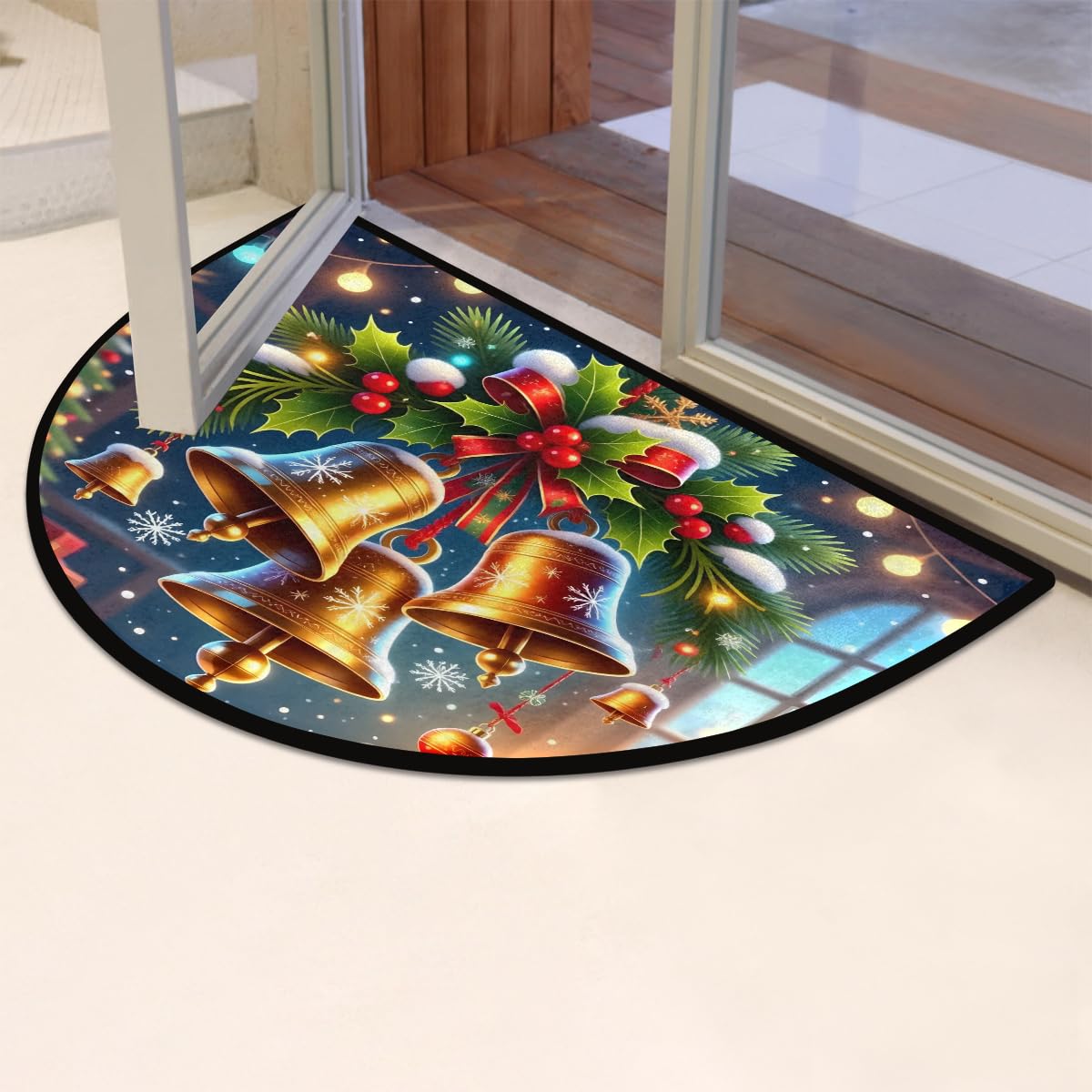 Half Round Doormat Washable Kitchen Semi Circle Rug Bell Holly Christmas (G 05)
