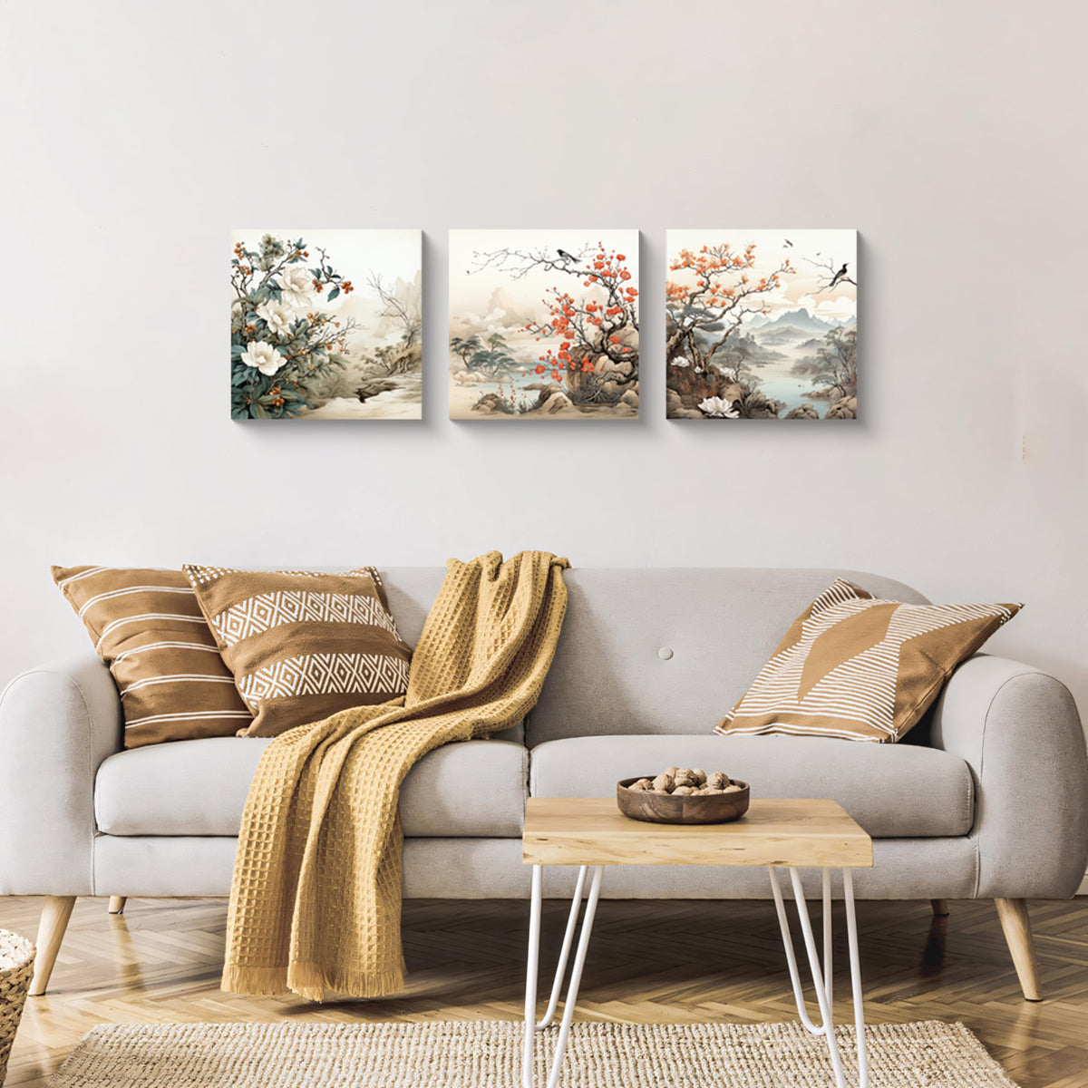 Traditional Chinese Decor Oriental Flowers Birds Canvas Wall Art for Bedroom Floral Wall Decor Framed Artwork Vintage Prints Paintings for Bathroom Kitchen Decorations (Flower and Birds / 12x12 inches (3 pieces))