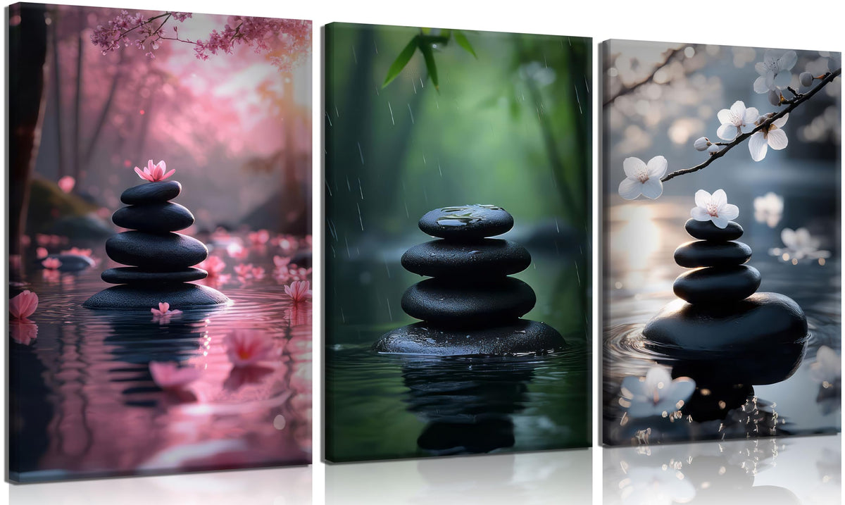 3pcs Zen Stone Wall Art Modern Zen Bathroom Wall Decor Meditation Spa Stone Poster Green Bamboo Lotus Printed Artwork for Yoga Meditation Spiritual Room Bathroom Framed (Zen Stone / 24"Lx16"W)