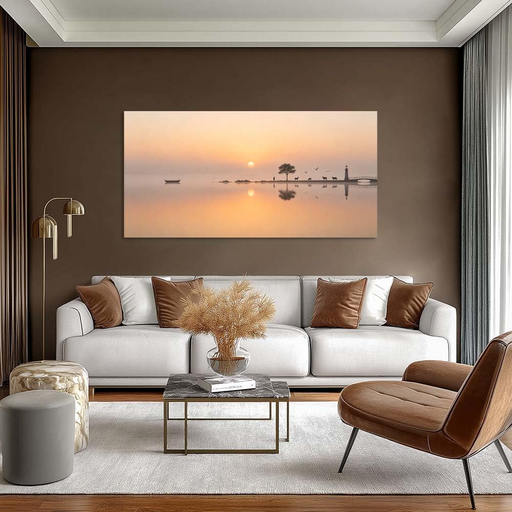 Sunset Beach Canvas Wall Art Silhouette Ocean Landscape Painting Flat Print Gallery Wrapped Coastal Artwork for Living Room Bedroom Bathroom Decor (Mysterious / White Lighthouse Tree 17 / 46"L x 23"W)