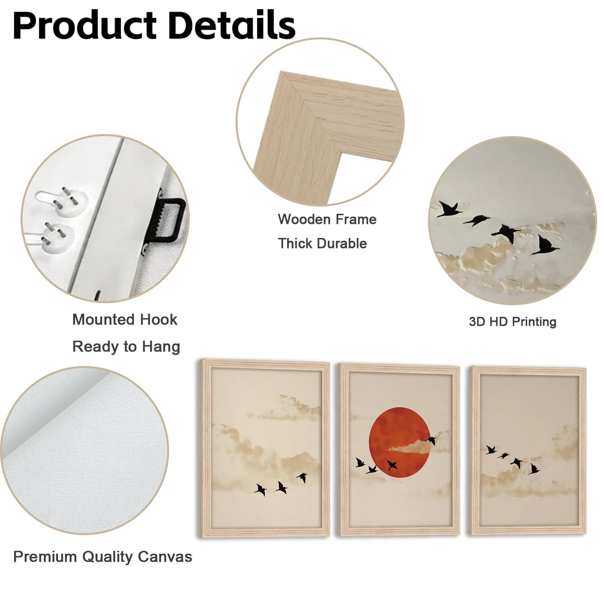 Framed 3D 3Pcs Sunset Birds Canvas Wall Art Japanese Decor (white sun / 24"L x 16"W)