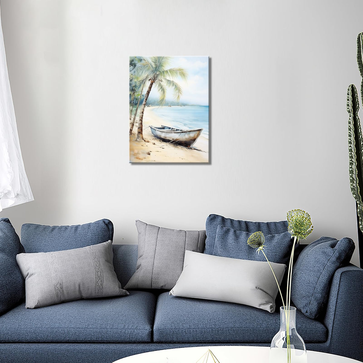 Boat and Palm Trees by the Sea Canvas Wall Art Decor Print Nursery Pictures Home Decor for Living Room Bedroom Wood Framed 12x16 Inches (16"L x 12"W / Boat)