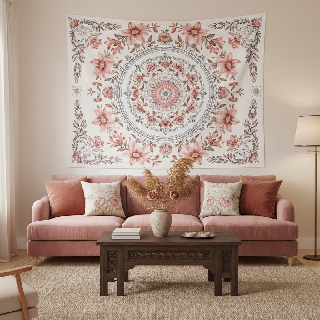 Pink Floral Tapestry Wall Hanging Boho Mandala Medallion Tapestry Aesthetic Watercolor Flower Cute Large Tapestries for Bedroom Living Room Dorm Decor 80 x 60 Inch (Bohemian / Light Pink / 80"L x 60"W)