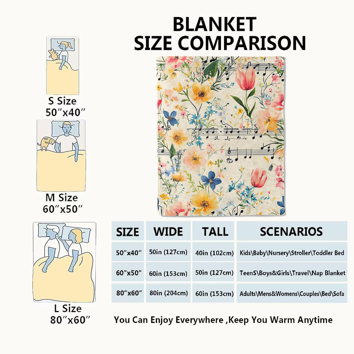 Music Note Blanket Floral Throw Blankets with Pastel Flower (50x60in / Musical Note)