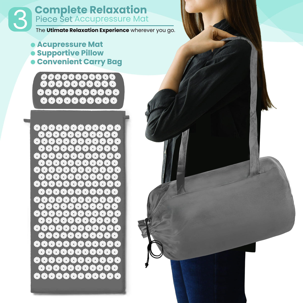 Sivan Acupressure Mat & Pillow Set for Back & Neck (Gray/White / Large)