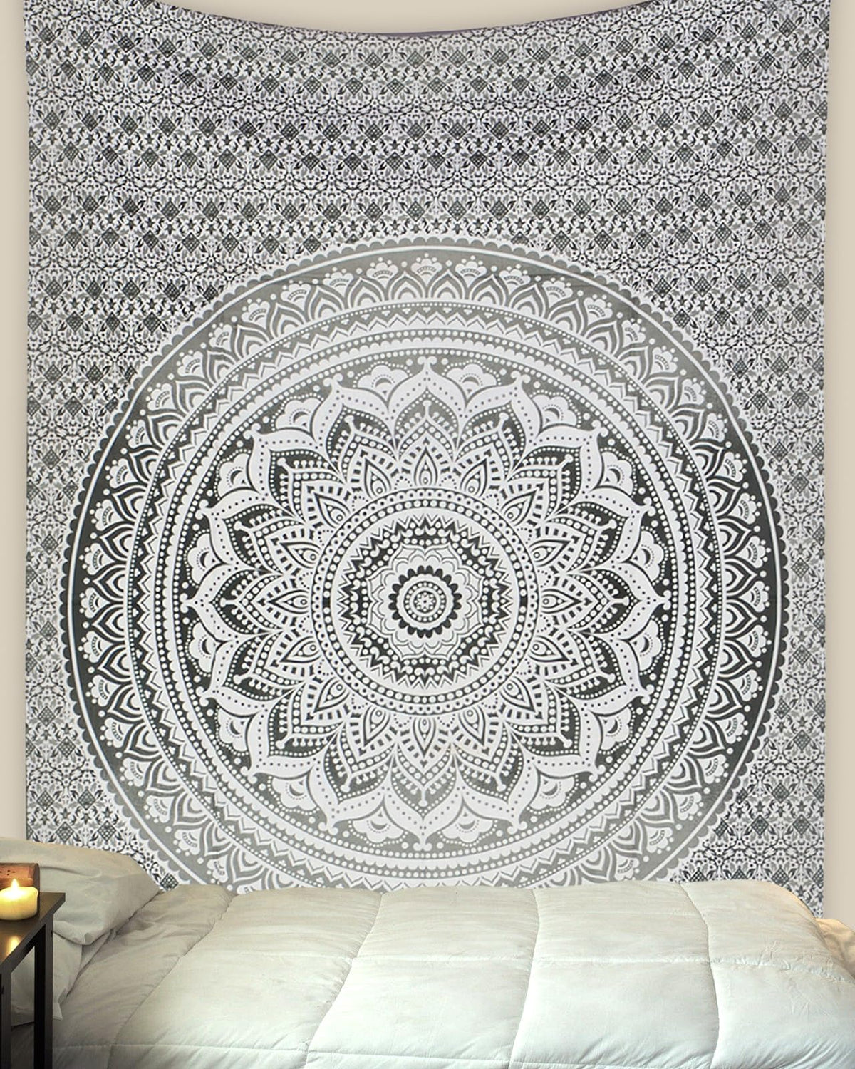 Grey Black Cotton Tapestry Mandala Wall Hanging (Grey and White / 30"L x 40"W)