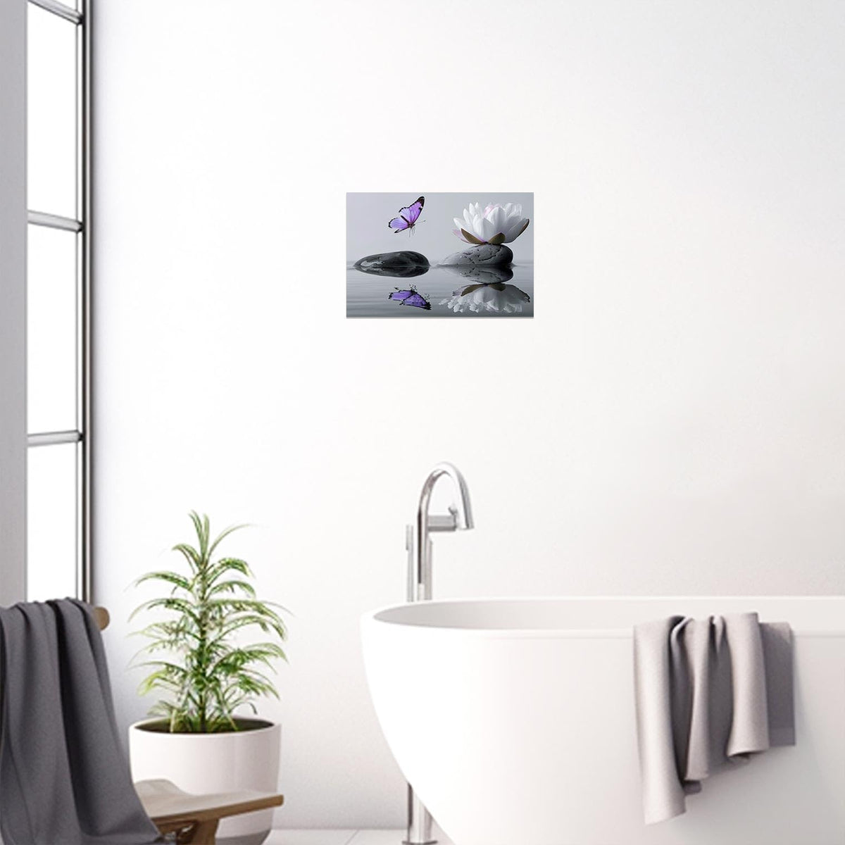 Zen Bathroom Wall Art Black and White Grey Spa Painting Lotus Flower Pictures Stone Floral Canvas Prints Meditation Yoga Room Office Decor Framed (Purple / 12"L x 18"W)