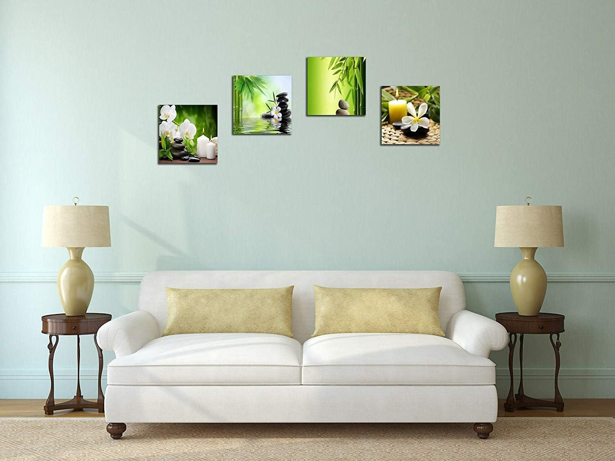 Modern 4 Panel Zen Giclee Canvas Print Spa Wall Art Spa Massage Treatment Pictures on Canvas Wall Art for Home Office Decorations Living Room Bedroom (14X14inchX4 / Green zen)