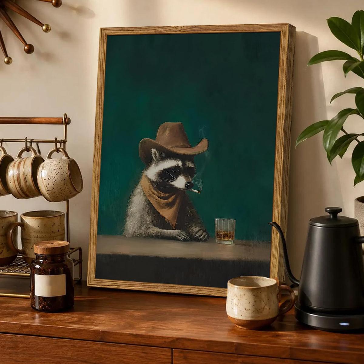 Framed Funny Raccoon Wall Art (Moody Raccoon / 16"L x 12"W)