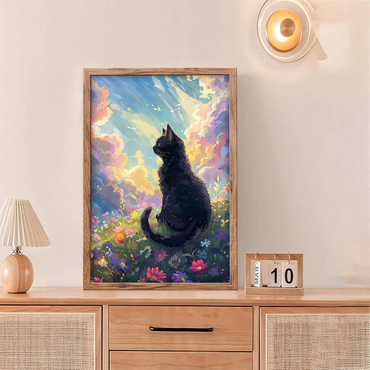 Black Cat Framed Wall Art Anime Cat Pictures Canvas Wall Decor Wildflower Landscape Painting Nature Decorations for Bathroom Bedroom Living Room Office 24"x16" (Black Cat / 24"L x 16"W)
