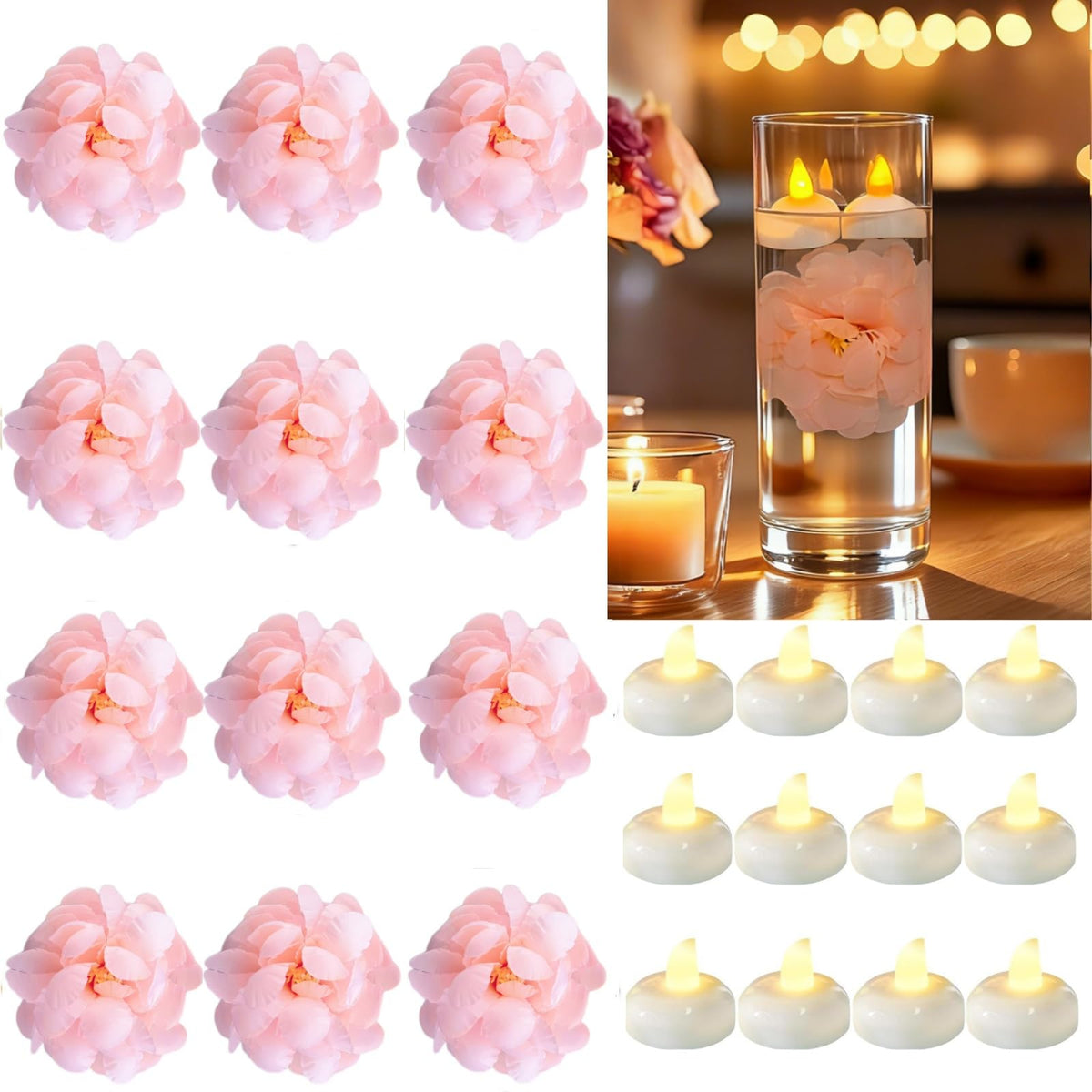 24 Pack Flameless Floating Candles for Centerpieces with Floating Flower (Pink)