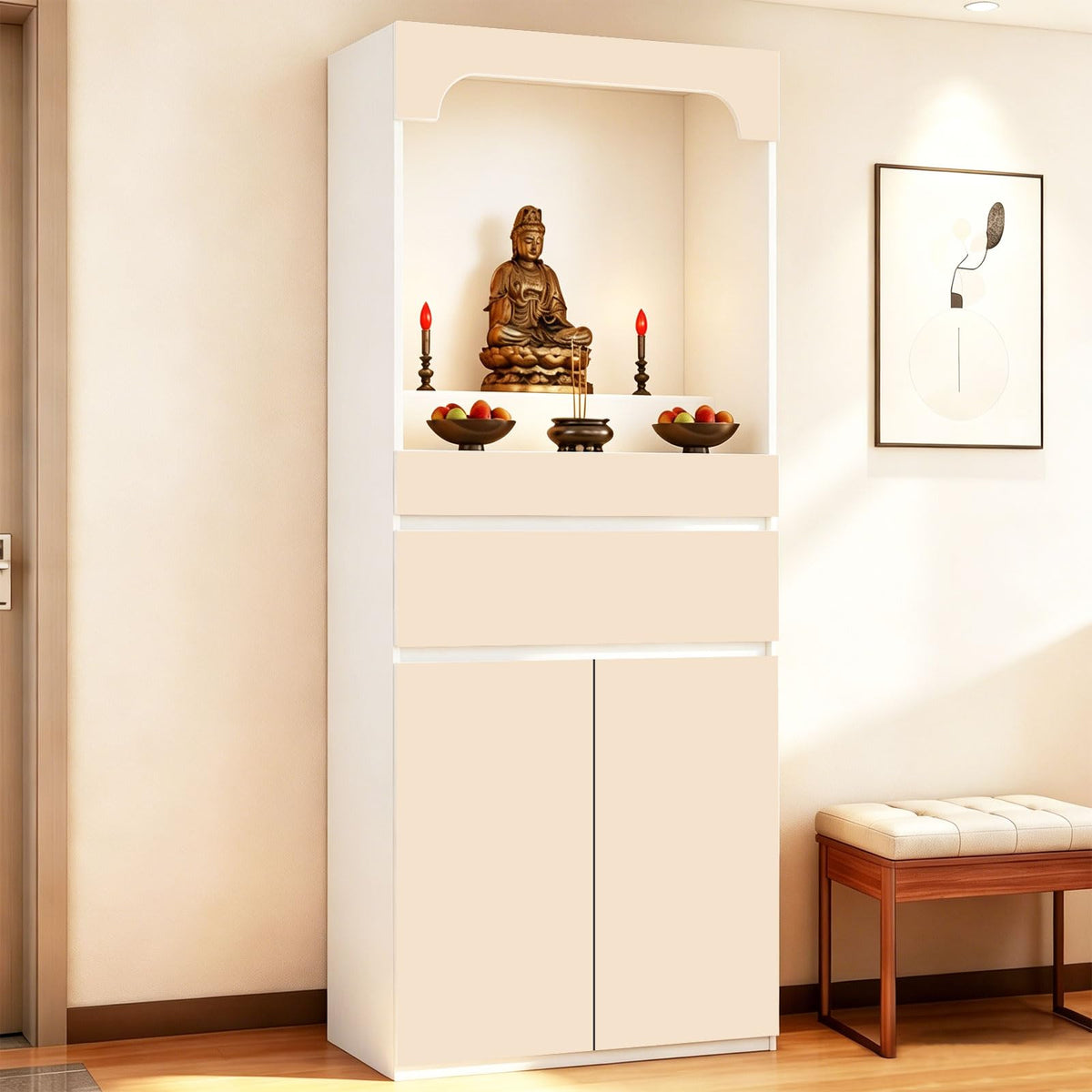 Altar Table Pooja Cabinet with Drawers and Storage Cabinets (55.1×15.7×65.4in / Beige+white-2)