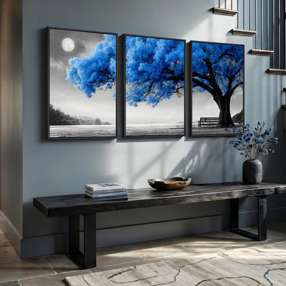 Large Framed Blue Black and White Tree Wall Art for Living Room (Klein Blue / 24" W x 36" H x 3Pcs)
