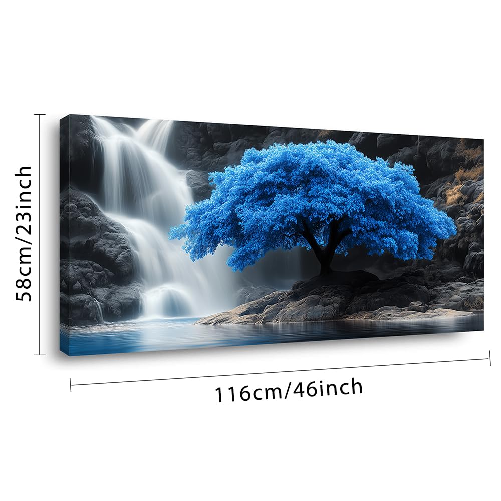 Navy Blue Tree Scenery Wall Art for Living Room Office Waterfall Landscape Art Deco Black and White Scenic Painting Prints Nature Canvas Artwork Over the Couch Bedroom Decor Large (46"L x 23"W / Navy Blue Tree Wall Art (K868))