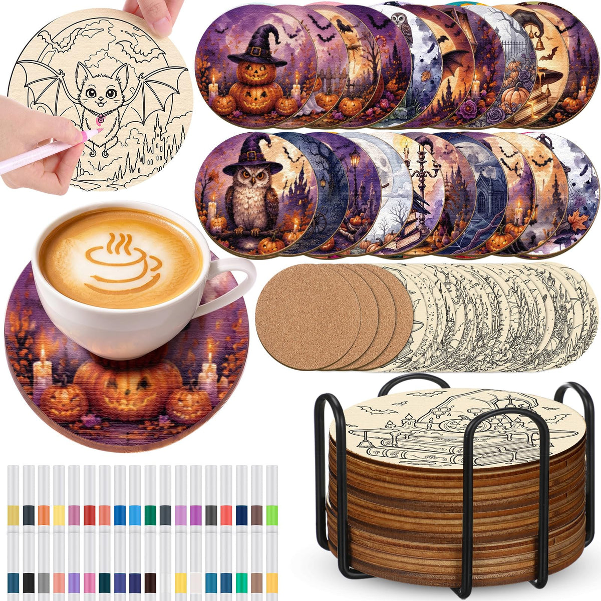 77 Pcs Wooden Coasters Paint Kit (Halloween)