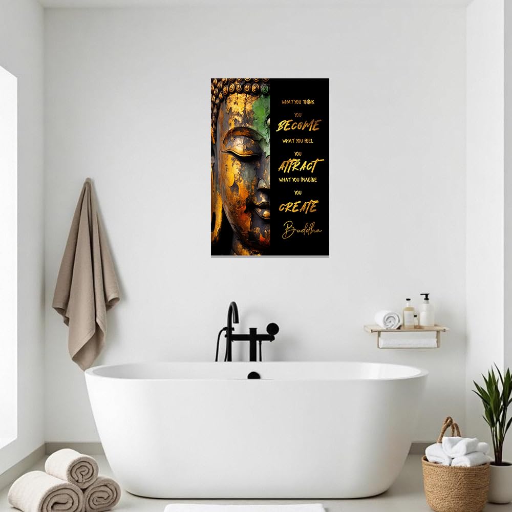 Buddhist Motivational Wall Art Buddha Quotes Canvas Pictures Zen Bathroom Painting Spa Artwork Prints for Yoga Room Office Decor Framed (Gold / 16" x 24")