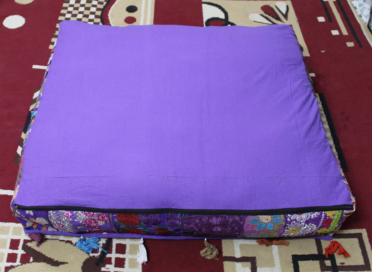 Handmade Square Purple Patchwork Pouf Cover 35 Inch Ottoman Cover Embroidered Cotton Floor Cushion Cover Bohemian Indian Decorative Floor Pillow Meditation Cushion for Living Room Bedroom (35"D x 35"W x 5"H / Purple)