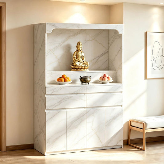 Altar Table Pooja Cabinet with Drawers and Storage Cabinets (43.3×15.7×65.4in / White Texture)