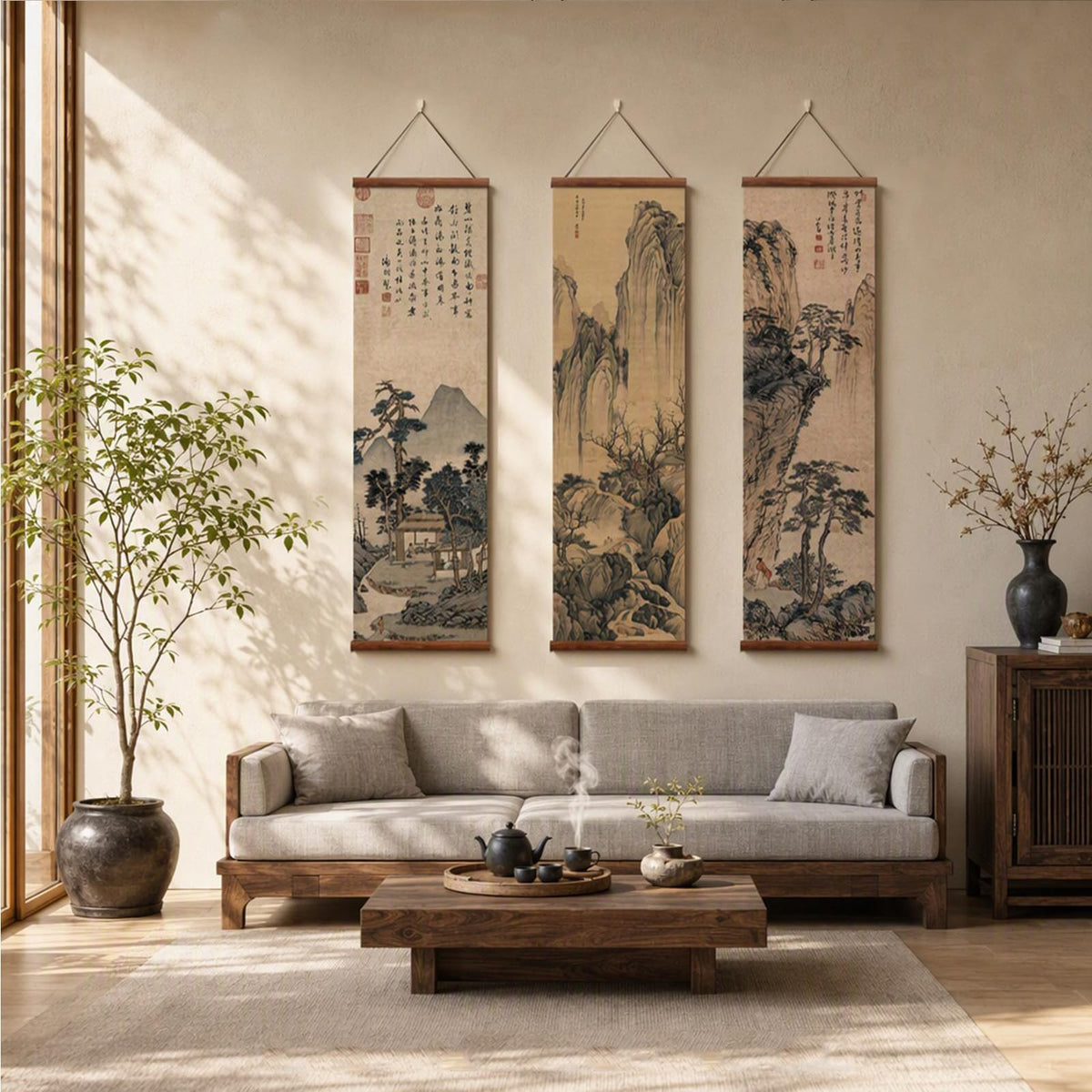 Chinese Ancient Landscape Scroll Wall Art Poster (landscape-BW / 12"x41"x3 Piece)