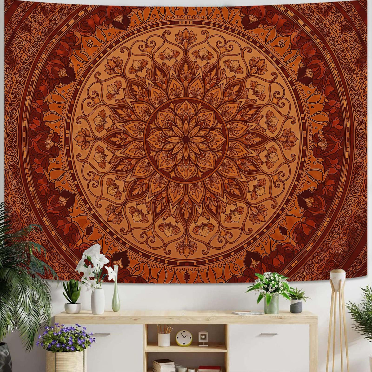 Tapestry Mandala Ornate Circular Pattern Tapestries Bohemian Orange Floral Tapestries Warm Earth Tone Wall Tapestry Bedroom Dormitory Living Room Decoration 60"x44" (60"L x 44"W / Tan)