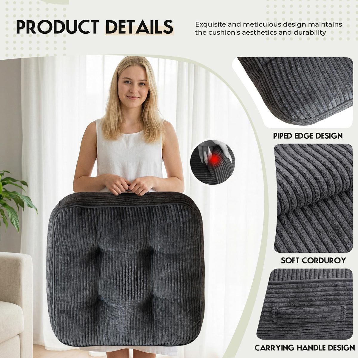 11" Thick Washable Floor Pillow for Adults (Dark Gray)