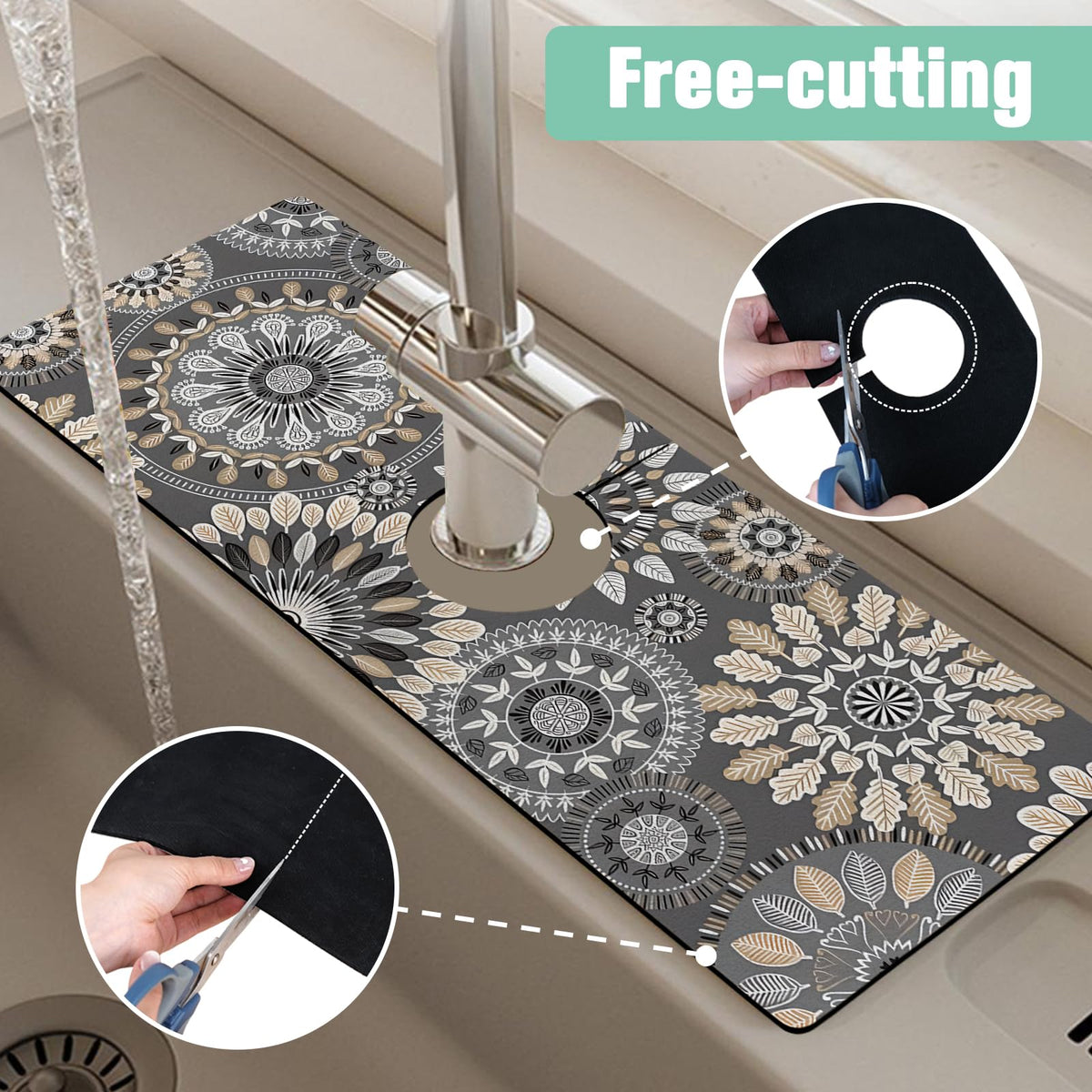 2 Pack Kitchen Sink Splash Guard Faucet Mat 24" X 5.5" Mandala Absorbent Fast Drying Mat Faucet Draining Mat Sink Splash Guard Behind Faucet Drip Catcher for Kitchen Bathroom (24*5.5inx2 / mandala)