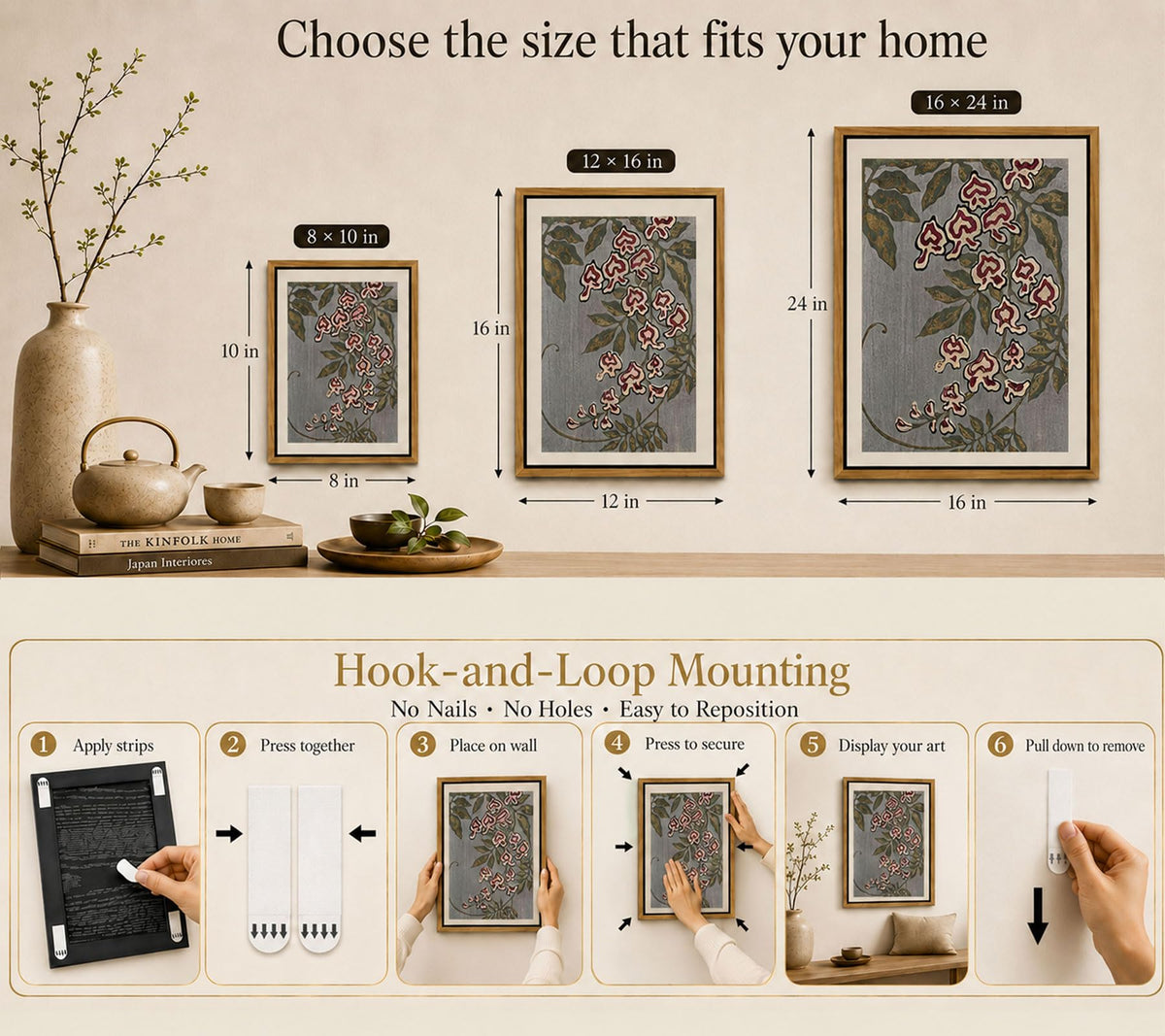 Floating Framed Japanese Wisteria Canvas Wall Art (Japanese Flower / 16"L x 12"W)