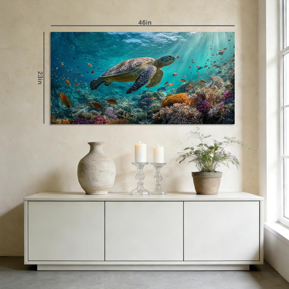 Green Tropical Sea Turtle Wall Art for Living Room Canvas Painting Prints (Coastal / Orange Sea Turtle 104 / 46"L x 23"W)