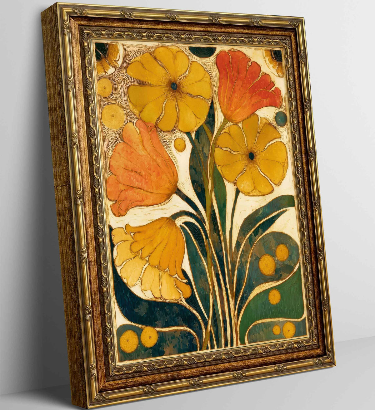Abstract floral Canvas Wall Art Framed Boho Orange Flower Decor Picture Vintage Medieval Mustard Yellow Plant Bedroom Living Poster Prints for Dining Study Office Corridor Room Resort Home Decoration (flower / 16"L x 12"W)