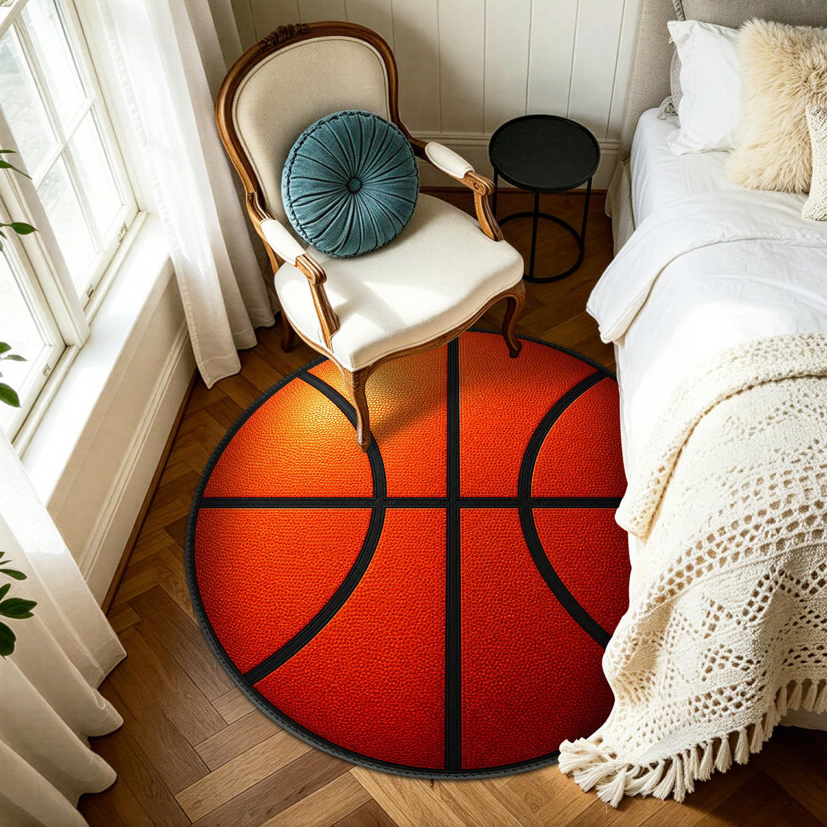 Basketball Round Rug 4ft Realistic Orange Basketball Leather Texture Circle Area Rug Washable Circular Floor Carpet Mat for B oys Bedroom (88 / 4' (Round))