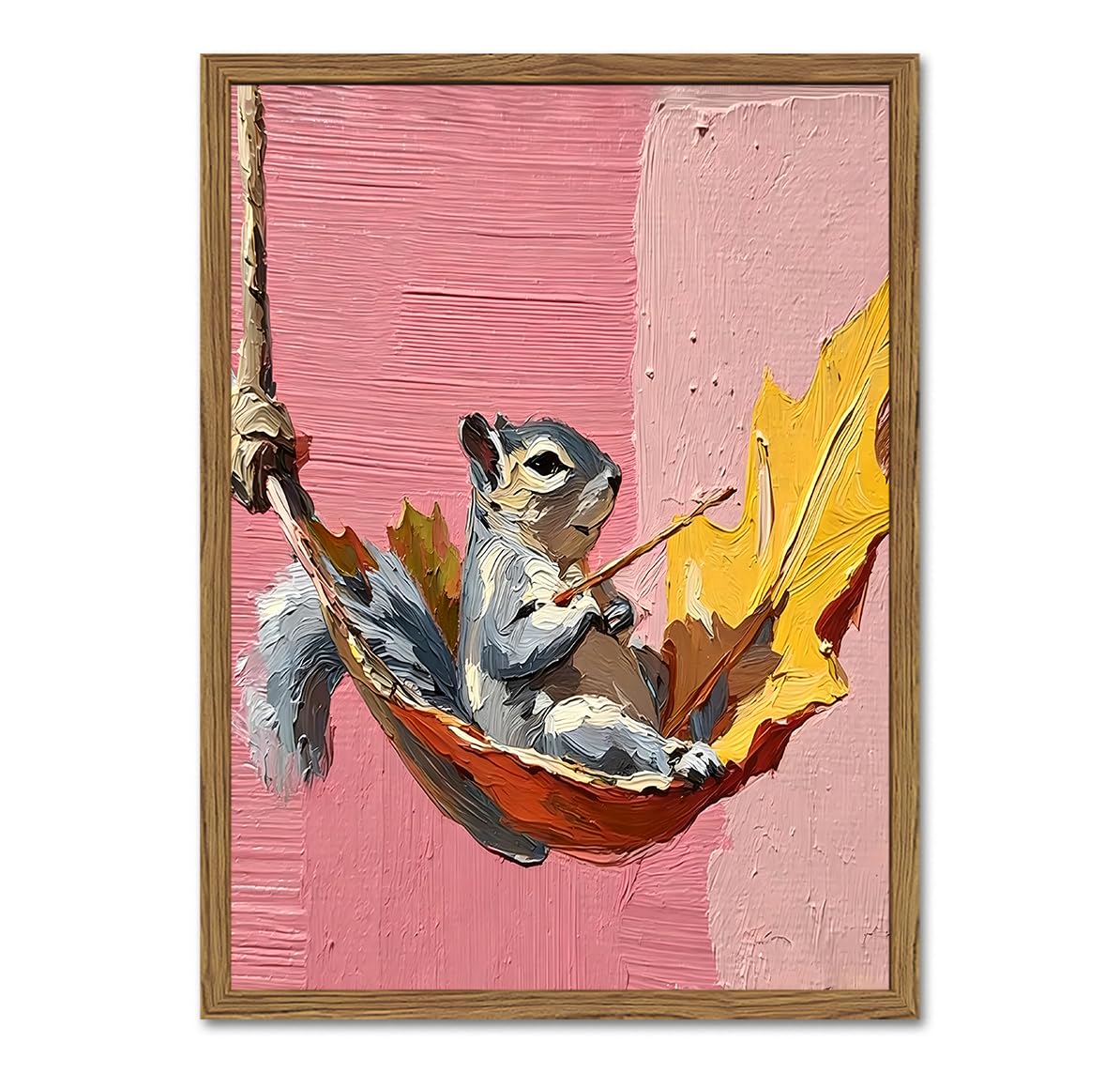 Cute Squirrel Wall Art Funny Woodland Animal Wall Decor Picture Whimsical Squirrel in Leaf Hammock Canvas Painting Print for Bedroom Living Kids Room Nursery 12x16 inch Wood Framed (Animal-A / 16"L x 12"W)