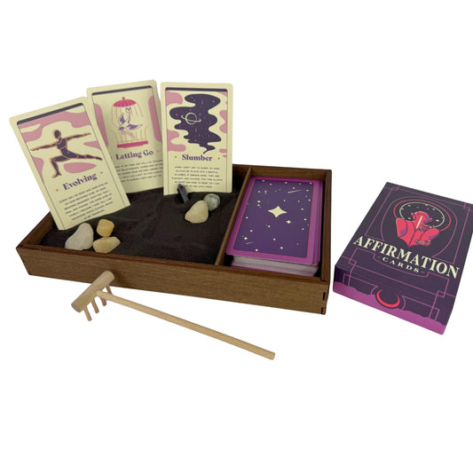 Wooden Zen Garden with Daily Affirmation Cards for Women and Men (Midnight Purple / Affirmation Cards)
