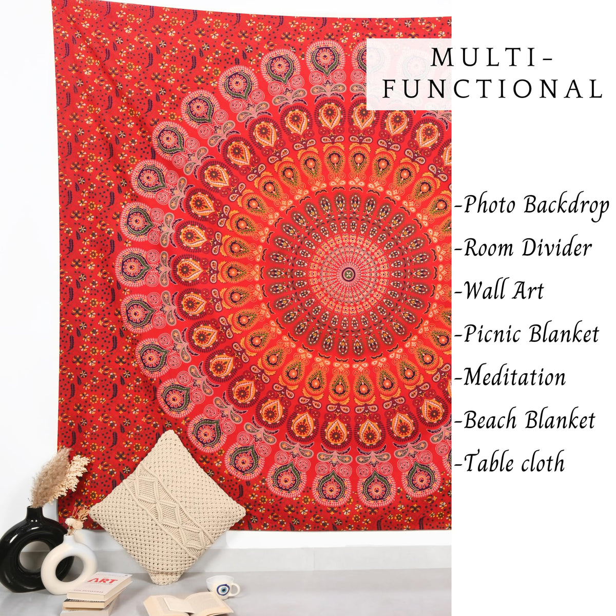 Hippie Wall Hanging Tapestry Golden Red King Size 90 x 84 Inches Boho Elephant Mandala Dorm Decor Meditation Bohemian Cotton Tapestries (Golden Red / 90"L x 84"W)