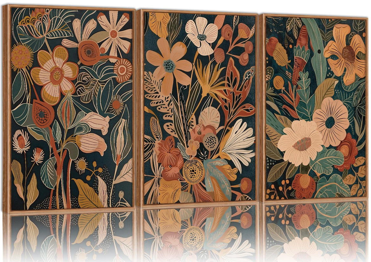 Vintage Burnt Orange Floral Framed Canvas Wall Art Set of 3 (Boho Flower / 24"L x 16"W)