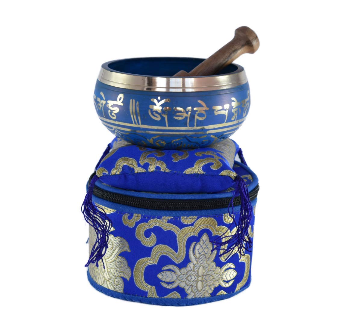 Color Singing Bowl Set with free stick and cushion by Nepalese Handicraft Zone (Blue)