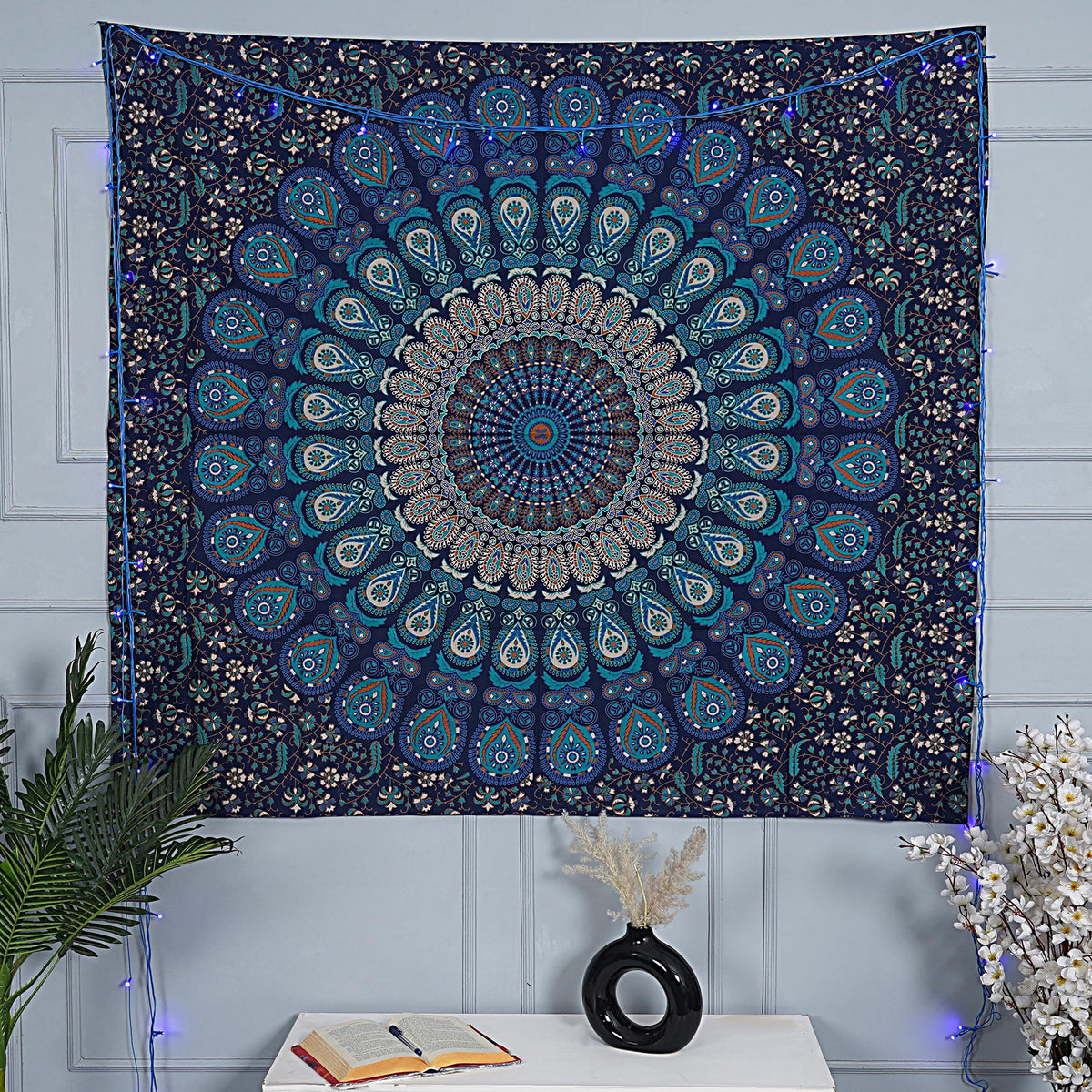Handmade Cotton Peacock Mandala Tapestry (40"L x 30"W / Navy Blue)