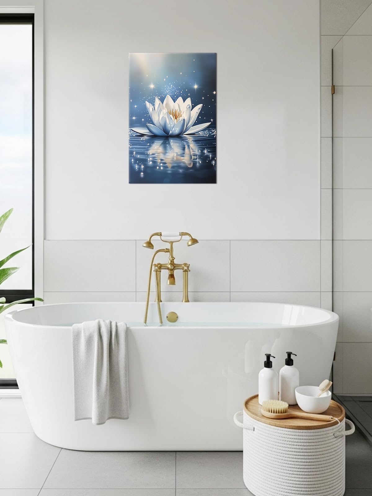 Zen Lotus Flower Wall Art Bathroom Decor Blue Picture Lotus Water Canvas Prints Calm Meditation Painting Modern Poster for Yoga Spa Room Office Home Decor Framed (C-Blue / 24"L x 16"W)